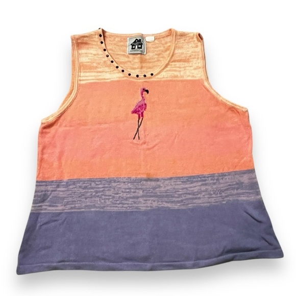 Storybook Knits HSN Knit Tank Top Four Flamingos Sequins Striped Kitsch Size XL - Picture 1 of 5